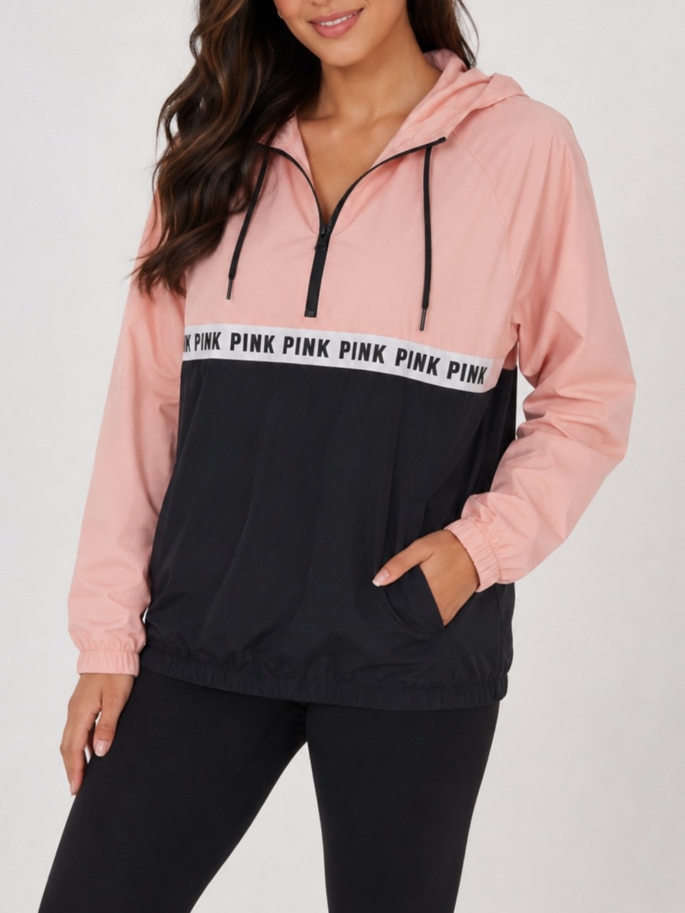 PINK Victoria’s Secret Anorak Windbreaker Jacket XS Pink Black Logo Hoodie